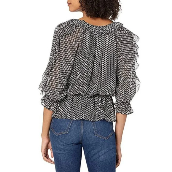 Joie Black  & White V-neck Zaida Ruffled Silk Top Elasticated Waist size S - Picture 3 of 16